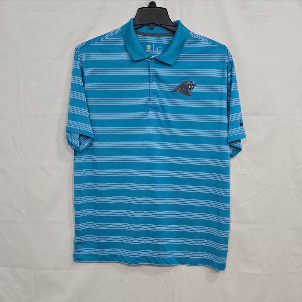 Nike Mens XL Carolina Panthers NFL Dri-FIT Blue Striped Polo Shirt Logos
